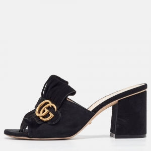 Gucci  Black Suede GG Marmont Slide Sandals Size 37.5