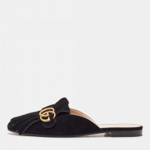 Pre Owned Gucci Black Suede GG Marmont Fringed Flat Mules Size 40