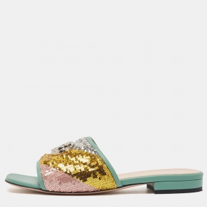 Gucci Multicolor Sequin and Leather GG Marmont Flat Slides Size 37.5
