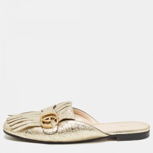 Gucci Gold Leather Fringes GG Marmont Mules Size 39