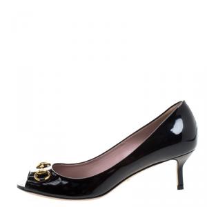 Pre Owned Gucci Black Patent Leather Horsebit Peep Toe Pumps Size 40