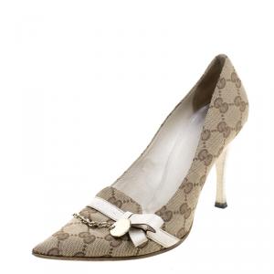 Pre Owned Gucci Beige GG Canvas Chain Embellished Pointed Toe Pumps Size 37