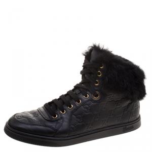 Gucci Black Guccissima Leather Cada Fur Trim High Top Sneakers Size 38.5