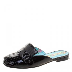 مملوكة مسبقًا Gucci Black Patent Leather Marmont GG Fringe Detail Slippers Size 37.5
