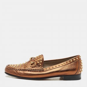 Gucci Gold Leather Spike Embellished Slip On Loafers Size 38