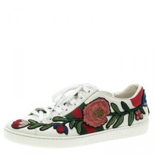 Gucci White Leather Embroidered Ace Low Top Sneakers Size 36