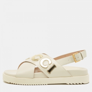 Gucci Off White Leather Logo Ankle Strap Flat Sandals 38.5