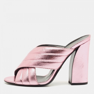 Gucci Rose Gold Quilted Leather Crisscross Block Heel Slide Sandals Size 40.5