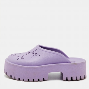 Pre Owned Gucci Purple Rubber GG Perforated Platform Mules Size 37