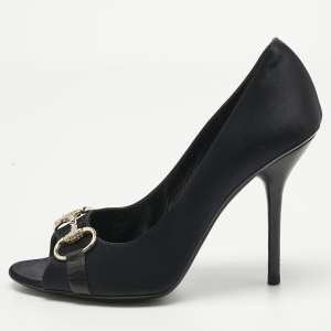 Pre Owned Gucci Black Satin Horsebit Peep Toe Pumps Size 39