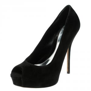 مملوكة مسبقًا حذاء كعب عالي غوتشي صوفيا سويدي أسود مقدمة مفتوحة نعل سميك مقاس 38