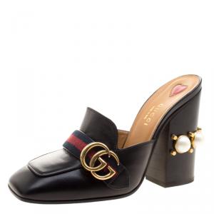 مملوكة مسبقًا Gucci Black Leather Peyton GG Web Detail Pearl Studded Mules Size 37.5