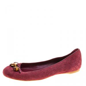 Pre Owned Gucci Bordeaux Microguccissima Embossed Suede Bamboo Tassel Ballet Flats Size 38.5