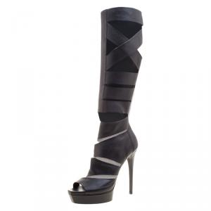 Pre Owned Gucci Black Leather Helena Gladiator Platform Knee High Boots Size 39.5