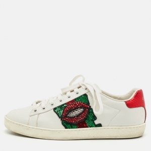 Pre Owned Gucci Ace Size 37 White Leather Python Embossed Web Crystal Lips Lace Up Sneakers