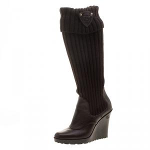 Pre Owned Gucci Brown Leather and Fabric Sock Wedge Boots Size 37