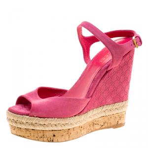 Pre Owned Gucci Pink Guccissima Suede Cork Wedge Sandals Size 36
