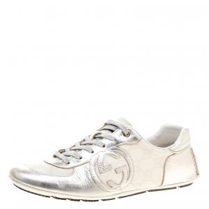 Gucci Silver/White Leather and Supreme Canvas GG Interlocking Sneakers Size 38