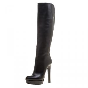 Pre Owned Gucci Black Leather Alexa Platform Knee High Boots Size 38