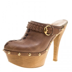 مملوكة مسبقًا Gucci Brown Leather Janis Platform Clogs Size 37