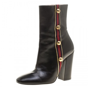 Pre Owned Gucci Black Leather Carly Malaga Studded Web Detail Block Heel Ankle Boots Size 37.5