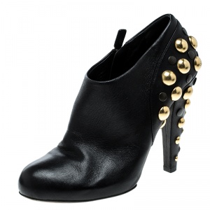 Pre Owned Gucci Black Leather Babouska Stud Embellished Ankle Booties Size 38.5