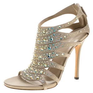 Pre Owned Gucci Beige Crystal Embellished Satin Peep Toe Cage Sandals Size 38.5