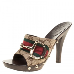 مملوكة مسبقًا Gucci Beige Guccissima Canvas Horsebit Peep Toe Wooden Mules Size 37