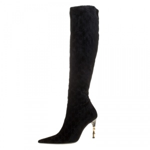 Pre Owned Gucci Black GG Velvet Bamboo Heel Knee High Boots Size 40