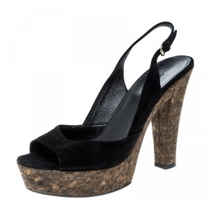 مملوكة مسبقًا صندل غوتشي غريس سويدي أسود نعل فينيل سميك مقدمة مفتوحة بحزام للكاحل مقاس 40