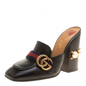 مملوكة مسبقًا حذاء غوتشي مرصع لؤلؤ تفاصيل ويب GG جلد ثعبان أسود مقاس 37.5