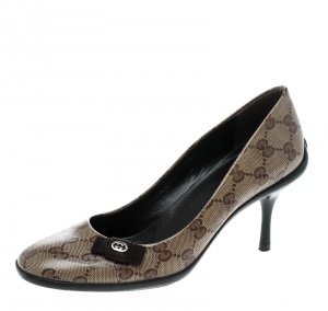Pre Owned Gucci Beige GG Crystal Canvas Bow Pumps Size 37