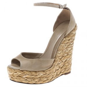 Pre Owned Gucci Beige Suede Woven Raffia Wedge Peep Toe Ankle Strap Sandals Size 36