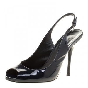 Pre Owned Gucci Navy Blue Patent Leather Peep Toe Slingback Sandals Size 38