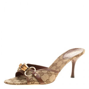 مملوكة مسبقًا Gucci Beige/Brown GG Canvas and Leather Bamboo Sandals Size 39