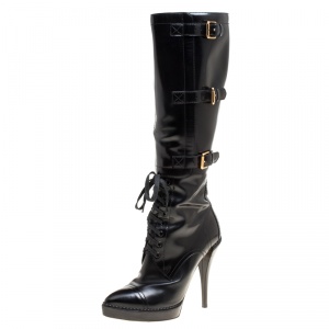 Pre Owned Gucci Black Leather Riddle Lace-Up Platform Knee Boots Size 39