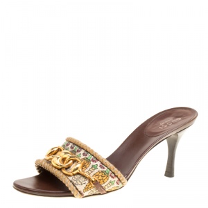 مملوكة مسبقًا Gucci Beige Printed Canvas Horsebit Link Peep Toe Slides Size 35.5