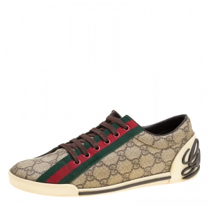 Gucci Beige GG Coated Canvas Classic Web and Script Low Top Sneakers Size 37.5