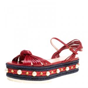 Pre Owned Gucci Red Leather Barbette Knot Faux Pearl and Spikes Trim Ankle Strap Espadrille Platform Sandals Size 39