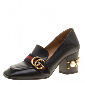 Pre Owned Gucci Black Leather Faux Pearl Embellished Collapsible Heel Counter Loafer Pumps Size 37.5