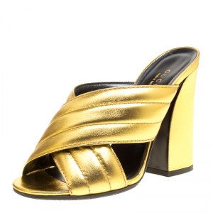 Pre Owned Gucci Gold Metallic Leather Sylvia Crossover Mules Size 37