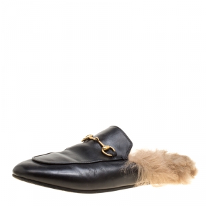مملوكة مسبقًا Gucci Black Leather Fur Lined Princetown Flat Mule Loafers Size 39