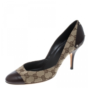 مملوكة مسبقًا حذاء كعب عالي غوتشي غطاء مقدمة جلد بني كانفاس GG بيج مقاس 40