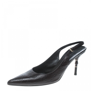 Pre Owned Gucci Dark Brown Guccissima Leather Pointed Toe Slingback Bamboo Heel Sandals Size 41