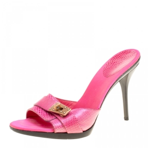 Pre Owned Gucci Pink Lizard Embossed Leather Lock Detail Peep Toe Slides Size 37.5