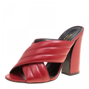 Pre Owned Gucci Red Leather Sylvia Crossover Mules Size 39.5