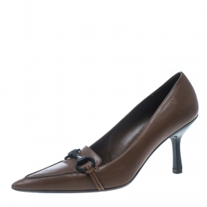 Pre Owned Gucci Brown Leather Horsebit Pointed Toe Pumps Size 38 