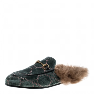 Pre Owned Gucci Green/Brown Velvet and Fur Lined Princetown Flat Mule Loafers Size 37