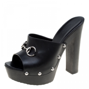 Pre Owned Gucci Black Leather Morena Horsebit Platform Mules Size 36.5