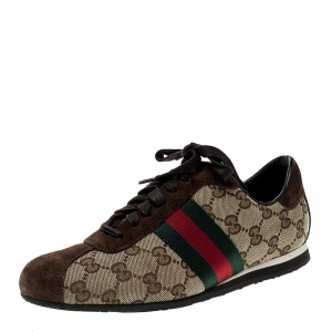 GUCCI Beige/Ebony GG Canvas and Classic Web Low Top Sneakers Size 36